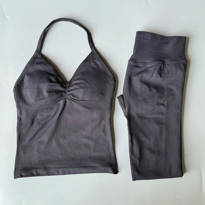 2 Pieces Set Leggings Set Women Backless Tank Tops High Waist Scrunch Gym Suit Fitness Clothes Outfit Workout Yoga Set