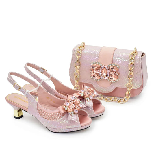 New Fashion Nigerian Banquet Shoes and Bag Set Rhinestone Ladies Matching Shoes and Bag High Heel for Weddings and Parties