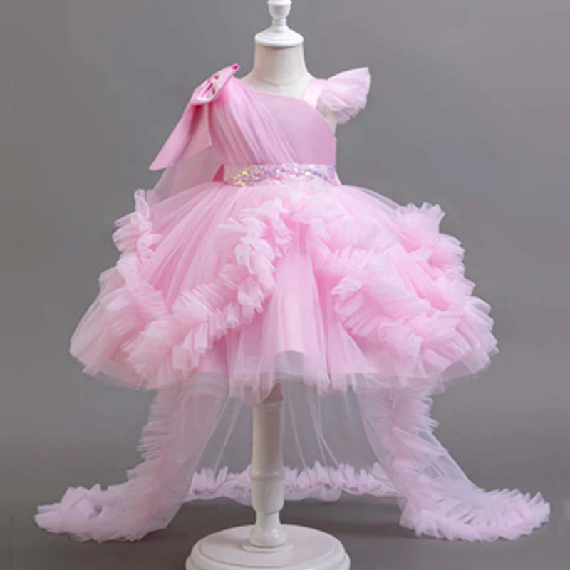 KLFLGD Novos vestidos de festa de verão para meninas vestido de festa elegante para casamento de floristas vestido de cauda de tule rosa para meninas de 2 a 6 anos