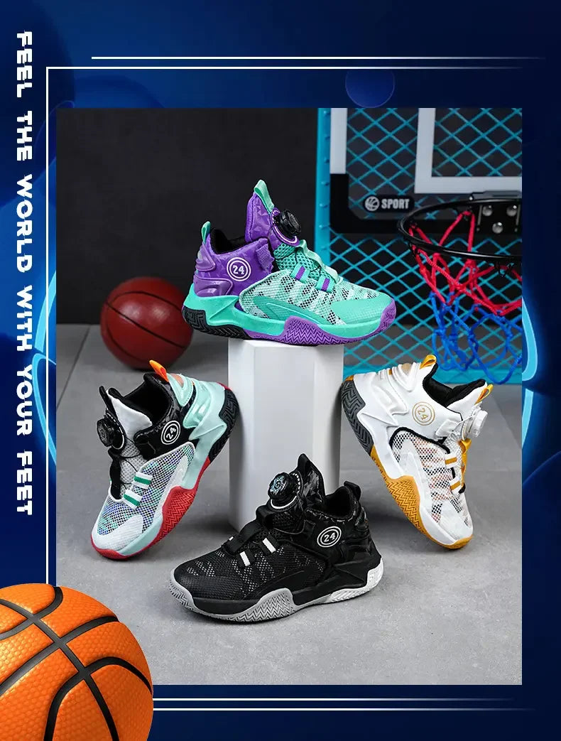 Boys Girls Quick Twist Lace Basketball Shoes Wear Resistant Comfortable Outdoor Athletic Footwear