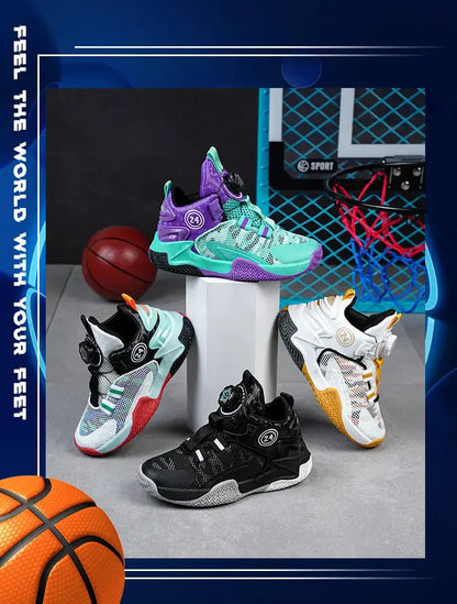 Boys Girls Quick Twist Lace Basketball Shoes Wear Resistant Comfortable Outdoor Athletic Footwear