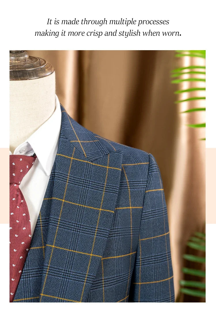 Dark blue 3 Piece Checkered Suit Set  Stylish Business Office Wedding Formal Outfit Elegant full man suit