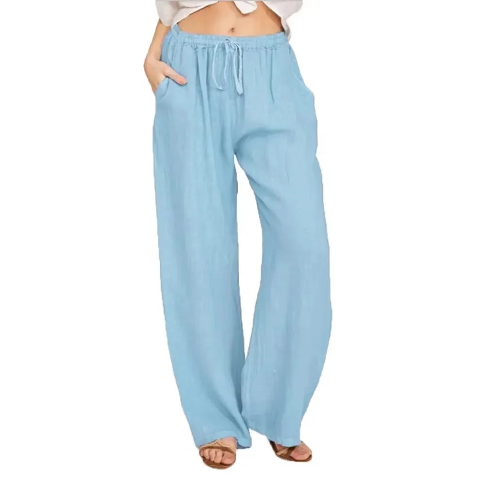 Summer Autumn Women Fashion Cotton Linen Pants Elastic Waist Loose Straight Pants Female Casual Solid Color Versatile Trousers