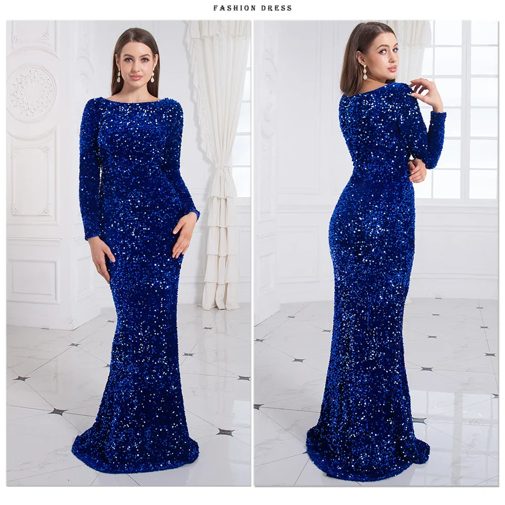 Vestido de Festa Formal Azul Royal Feminino Elegante Manga Longa Veludo Elástico Paetê Sereia Vestido de Noiva 2025