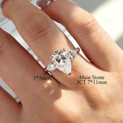 1/2/3/4CT Pear Cut Moissanite 3-stone Ring for Women S925 Silver Sparkling D Waterdrop Diamond Wedding Band Fine Jewelry
