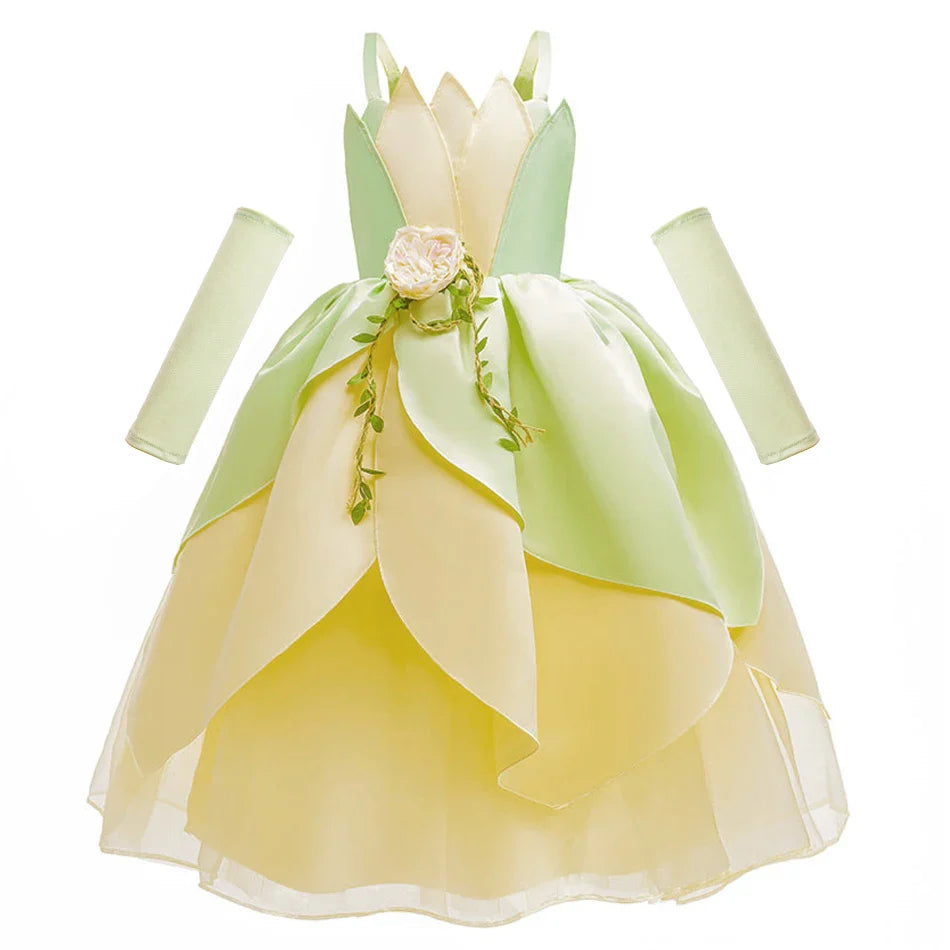 Tiana Cosplay Costume for Girls Fancy Princess Cosplay The Frog Dress Carnival Birthday Party Kids Frock Ball Gowns Clothes
