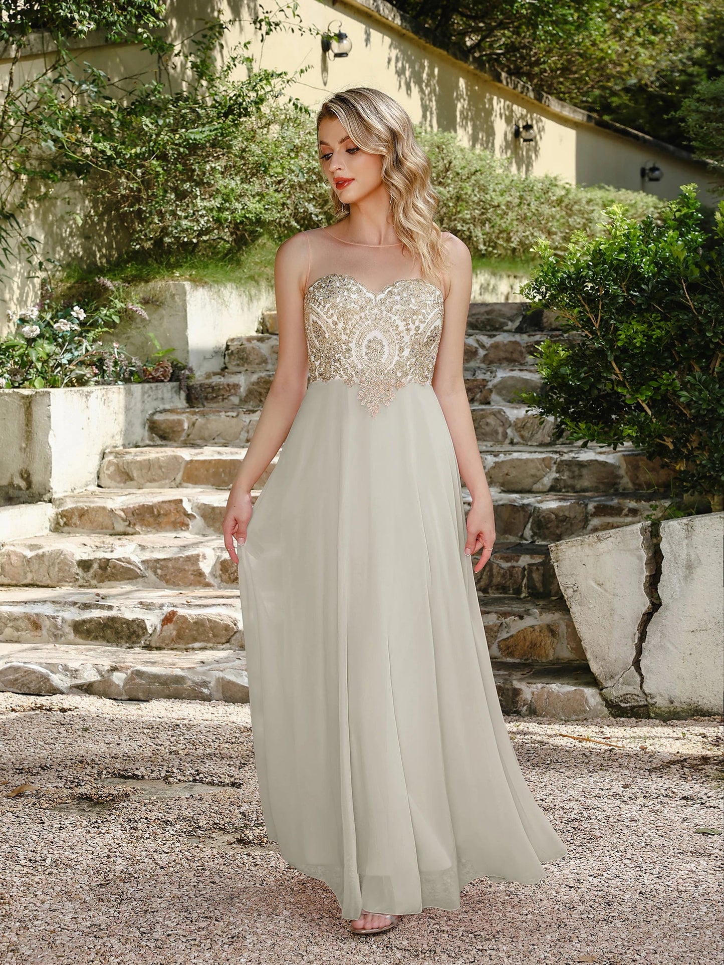 Elegant Sweetheart Prom Dress with Gold Embroidered Bodice & Flowing Chiffon Skirt for Homecoming & Formal Events