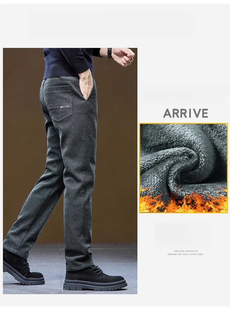 Men's Winter Casual Pants Thick Fleece Warm Elastic Waist Straight Slim Trousers Light Business Comfort Daily Wear Thermal Pants