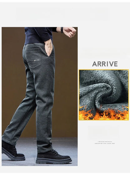 Men's Winter Casual Pants Thick Fleece Warm Elastic Waist Straight Slim Trousers Light Business Comfort Daily Wear Thermal Pants