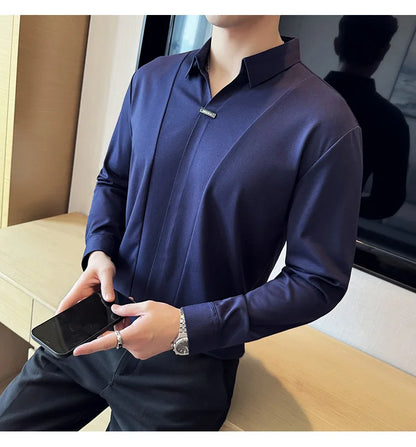 Stitching Special V-neck Long-Sleeved Polo Shirt, Men's High-Grade Elasticity Traceless Lapel T-shirt, Royal Blue Seamless Top
