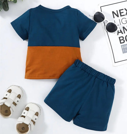 2PCS Summer Toddlers Boy Outfits Short Sleeve Pullover Color Block Top+Pants Fashion Casual Sports Set for Kids Boys 1-4 Years