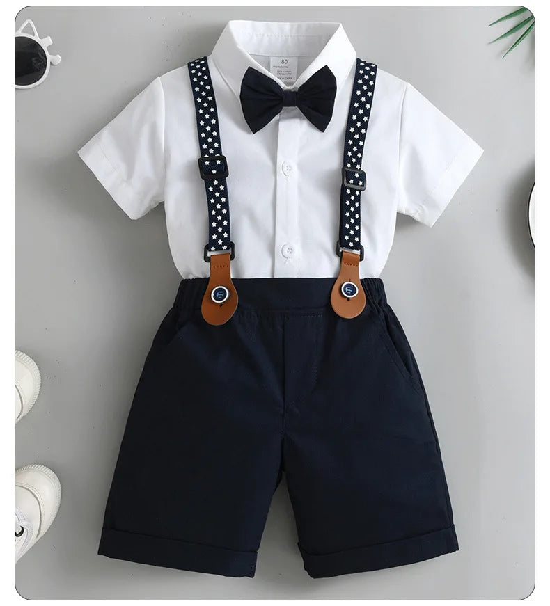 Baby Boys Gentleman 2pcs Summer Outfit Shirt Suspender Pants Set Formal Birthday Wedding Party Toddler Kids Gentleman Clothes