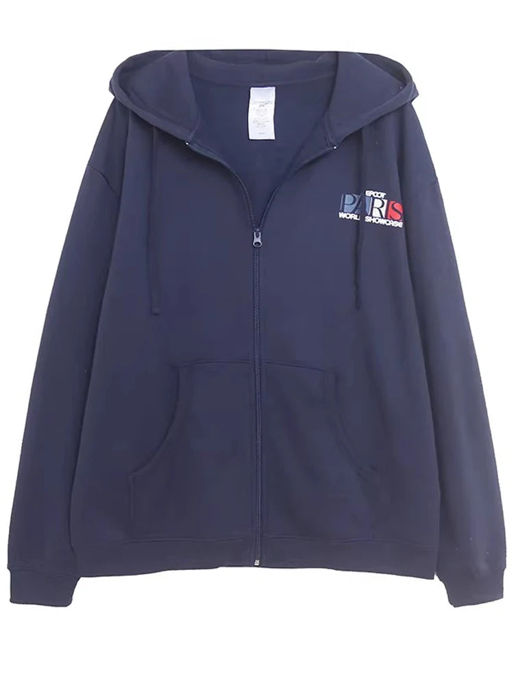 Mickey Mouse Paris Letter Cartoon Print Fleece Sweatshirt Fashion Unisex Women Pockets Hooded Zip Up Jumper Tops