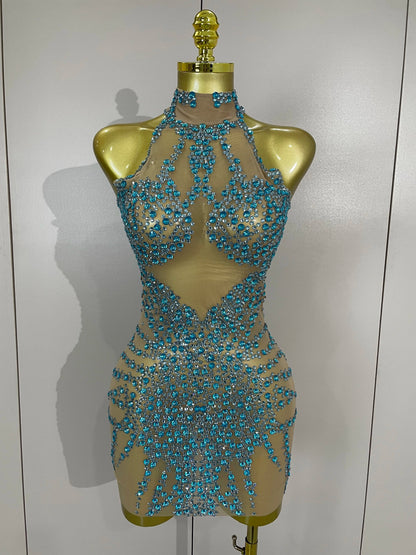 Rhinestones Sexy Mesh See Through Dress Party Evening Prom Celebrate Birthday Dress Singer Dancer Show Stage Wear