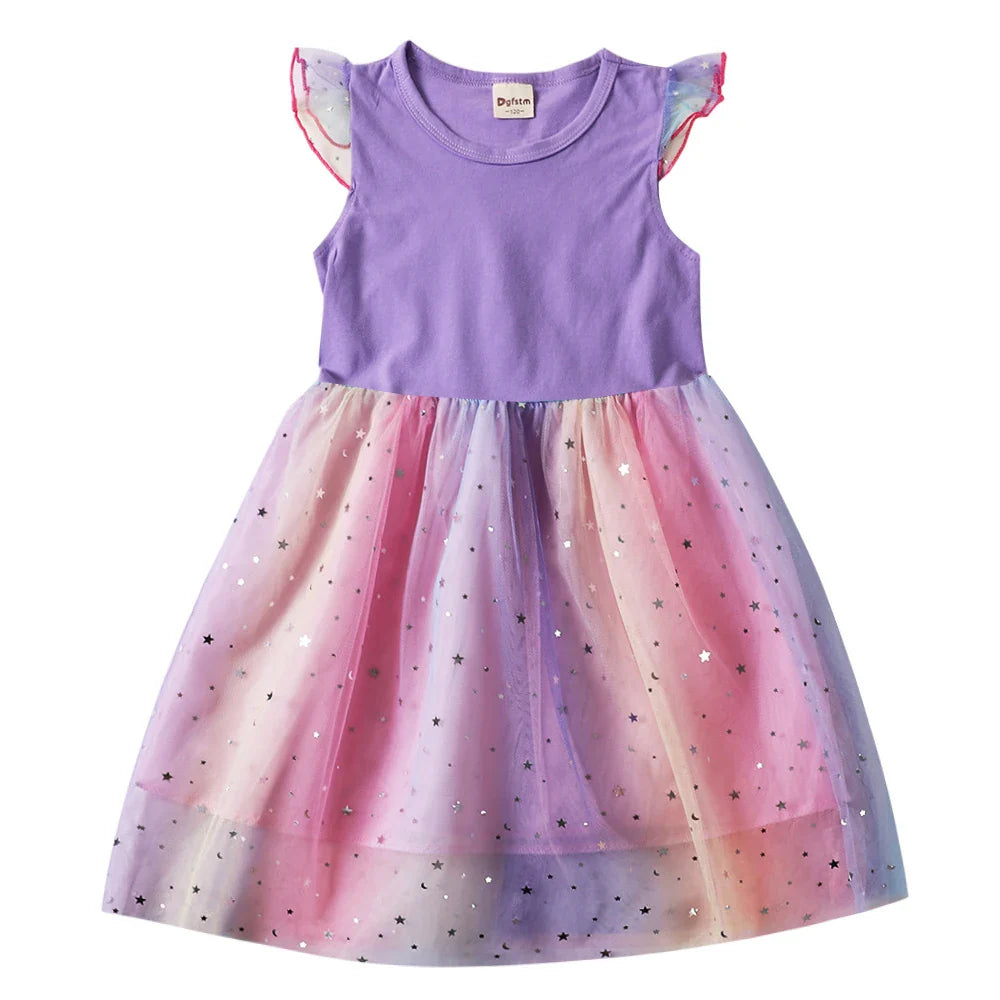 My Little Ponys Baby Girls Dress Children Cartoon Mesh Star Sequins Princess Dress Kids Flying Sleeve Skirt For Birthday Gift