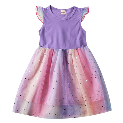 My Little Ponys Baby Girls Dress Children Cartoon Mesh Star Sequins Princess Dress Kids Flying Sleeve Skirt For Birthday Gift