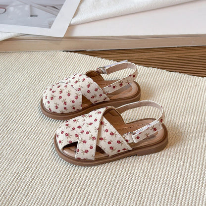 Girls Princess Floral Sandals New Summer Cross Strap Children Beach Shoes Non-Slip Breathable Kids Flat Sandals School Perform