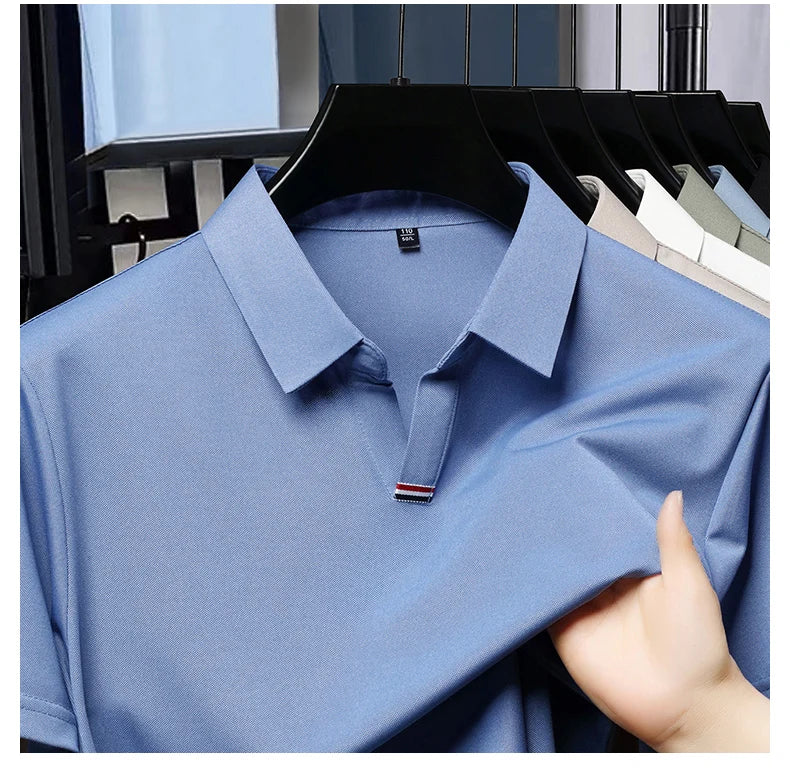 High quality brand solid color V-neck short sleeve polo shirt men summer fashion simple casual ice silk breathable lapel T-shirt
