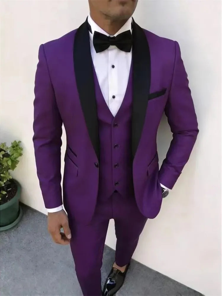 3pcs Men'S Slim Fit Groomsmen Suit | Purple Jacket, Vest, Pants with Non-Stretch Fabric and Color Block Pattern