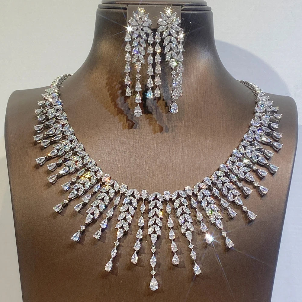 New CZ Design African Bridal Jewelry Set Fashion Leaf Shape Fringe Zircon Necklace 2-piece Set Women's Wedding Party Accessories