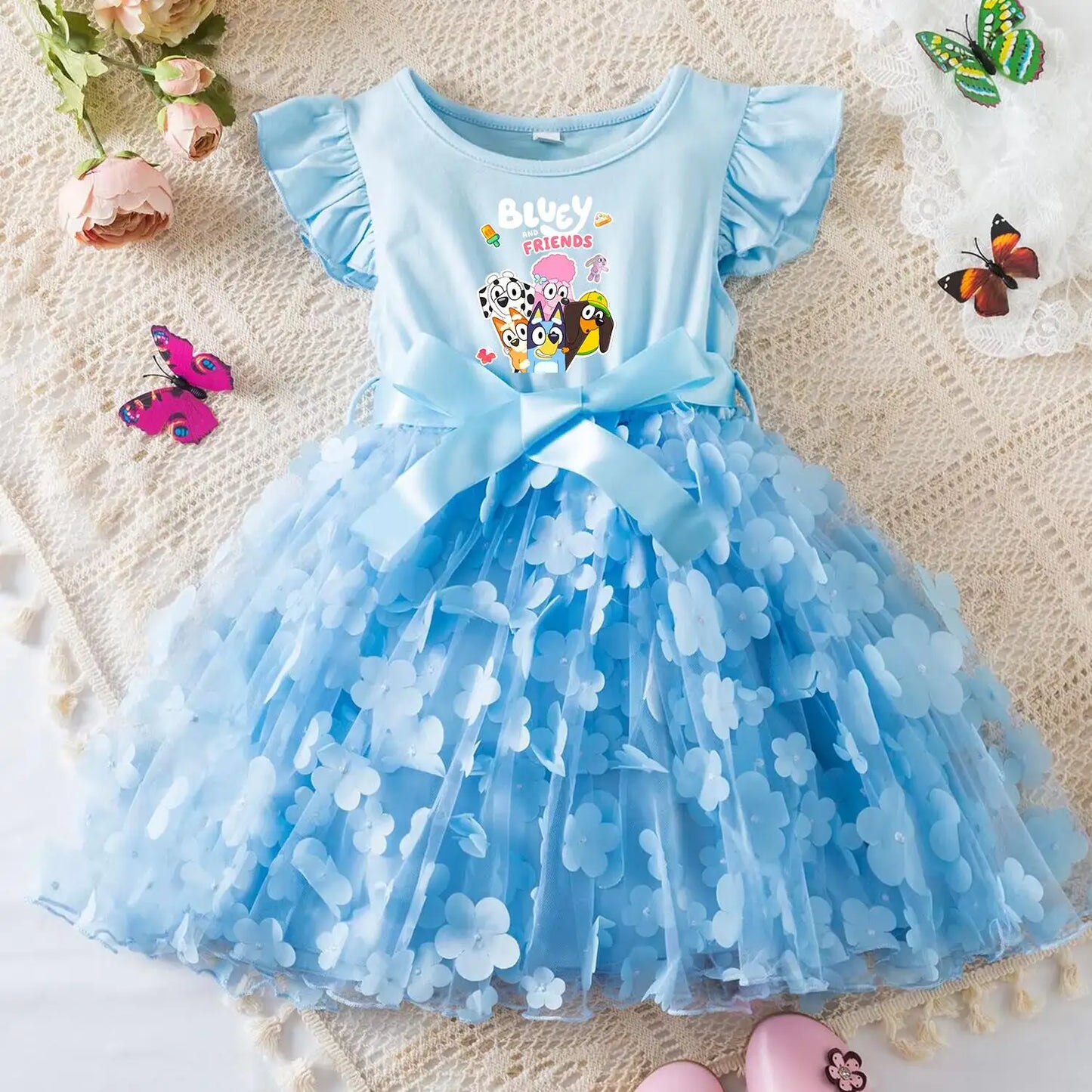 Vestido de Bebê Menina Bluey de Tule com Flores Vestido de Princesa para Casamento Tutu Sem Mangas Roupa de Festa para Fotos Presente de Aniversário