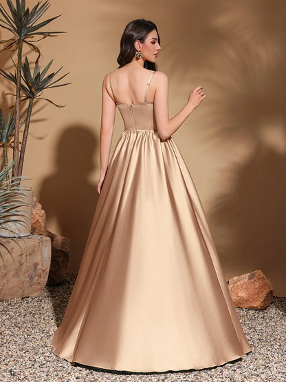 Strapless chest pleated satin high waist floor-length gown, women's long dress, party dress