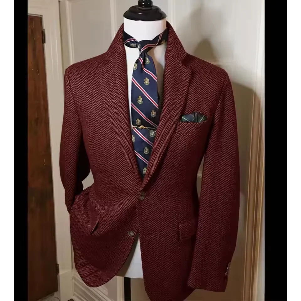Men's Herringbone Tweed Blazer Vintage British Slim Fit Suit Jacket Wool Blend Formal Coat with Pocket Square Wedding Casual