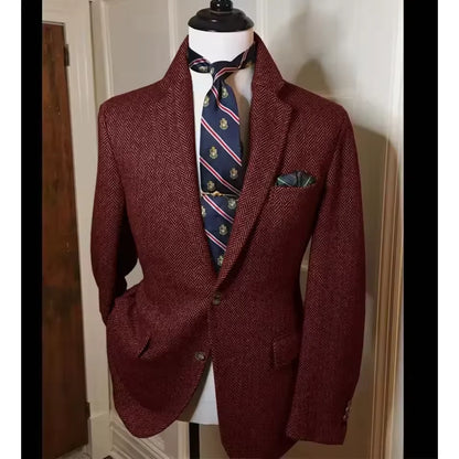 Men's Herringbone Tweed Blazer Vintage British Slim Fit Suit Jacket Wool Blend Formal Coat with Pocket Square Wedding Casual