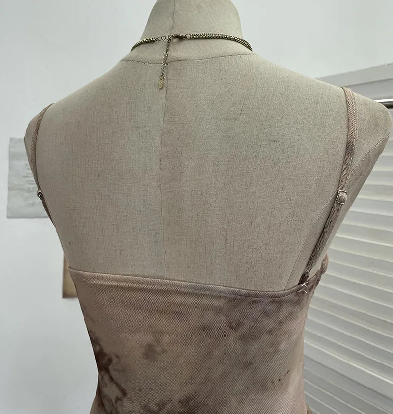 2025 Mesh Camisole for Women Stretch Casual Tie Dyeing Braless Sleeveless Adjustable Straps Asymmetrical Ruffle Tops