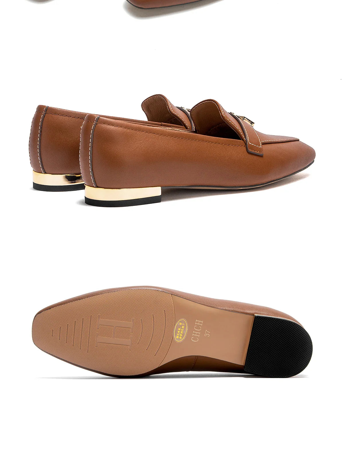 Women's Leather Loafers with Gold Lock Detail Square Toe Low Heel Penny Casual Office Slip-On Dress Shoes for Woman