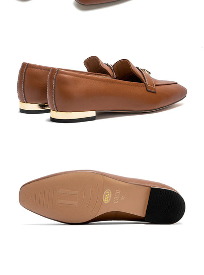 Women's Leather Loafers with Gold Lock Detail Square Toe Low Heel Penny Casual Office Slip-On Dress Shoes for Woman