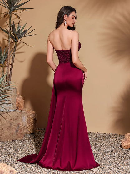 Satin waist pleated side flaps floor-length skirt, sequined spliced tube top dress