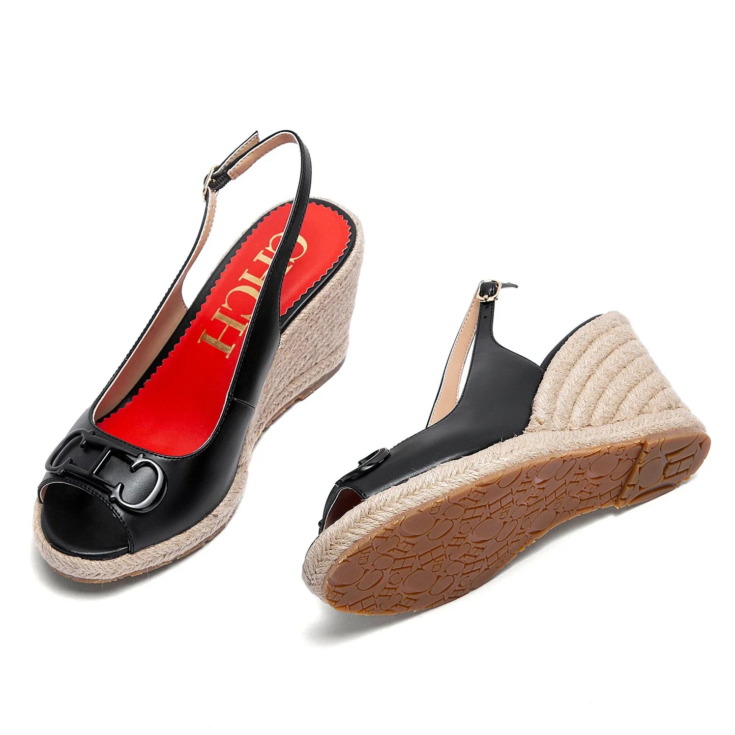 sandals summer women's casual shoes Gold INITIALS INSIGNIA PU LEATHER WEDGES Luxury brand wedge shoeses