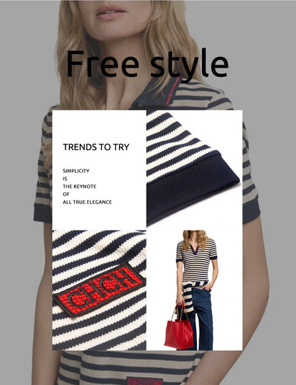 Fashion Stripe Knitted Polo Neck T Shirt For Women Soft Chic Short Sleeve Casual Pullovers 2025 Summer New Lady Street Tops