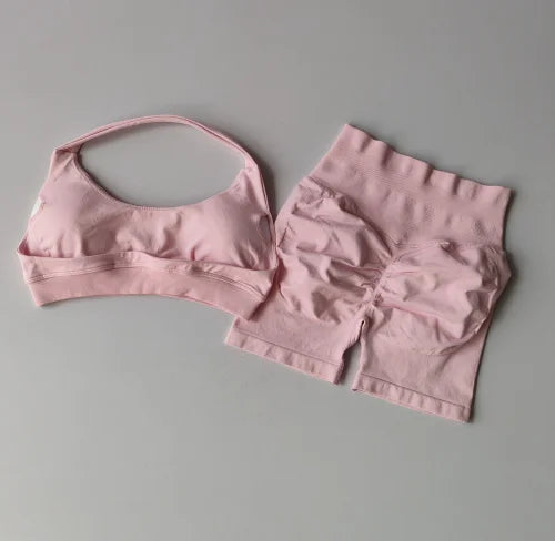 2pcs Sexy Halter Neck Beautiful Back High Waist Peach Sports Bras Set Suit Pilates Gathering Training Yoga Vest Fitness Bra