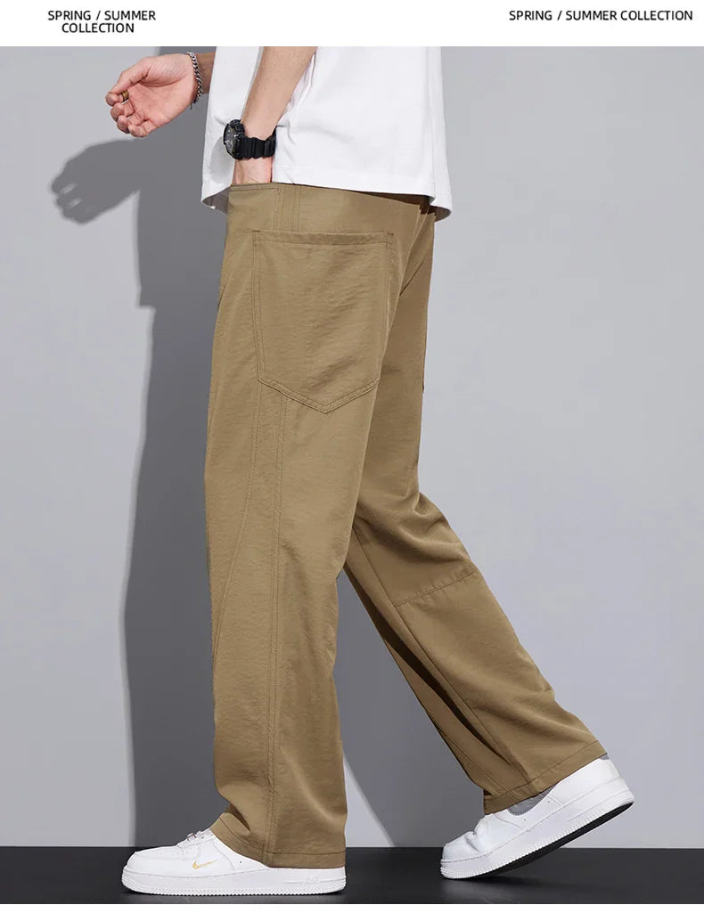 2026 Summer Thin Men's Loose Pants with Large Pockets Work Style Casual Straight Solid Color Male Simple Baggy Pants