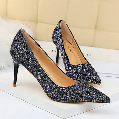Women Luxury Bling Red  Blue Valentine Party Scarpins Pumps Lady Glitter Sequins 7cm 9.5cm High Heels Designer Shoes Plus Size