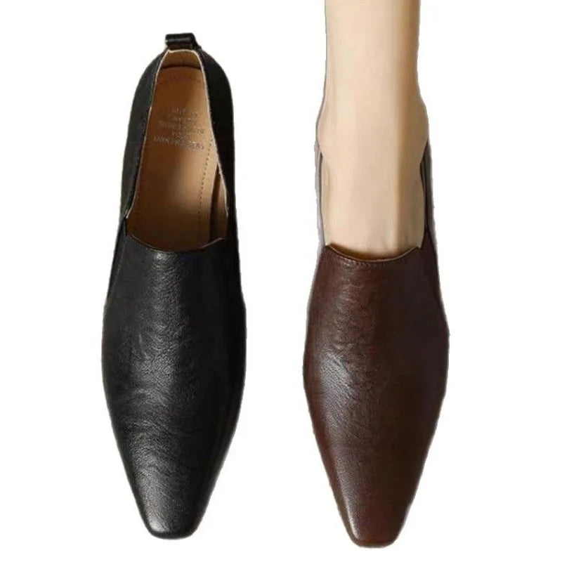 French Retro Temperament Low-heeled Shoes Women's Spring New Leather Pointed High Heels Small Leather Shoes Large Size 43