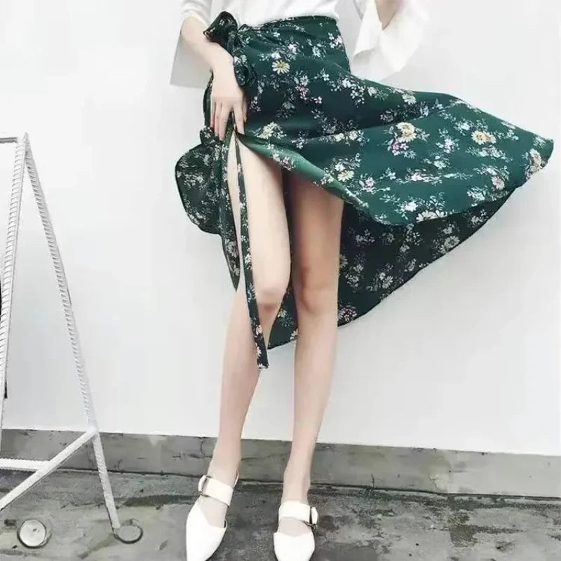 2025 New Women's One-Piece Floral Print Skirt High Waist Wrap Chiffon Beach Dress with Tie Waist Summer Vacation Boho Style