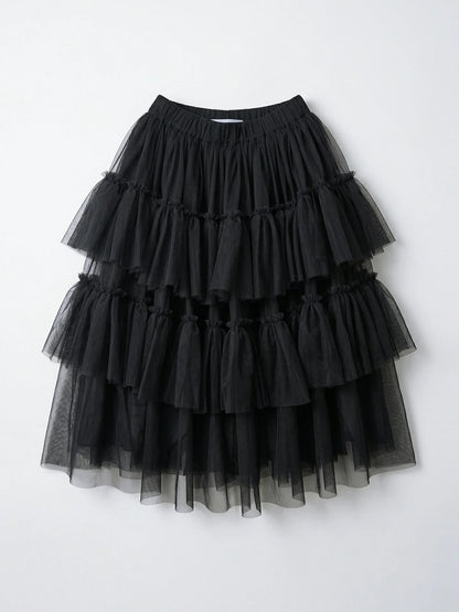 Forest style black cake skirt imakokoni spring Japanese mesh high waist mid length A-line skirt for women 265434