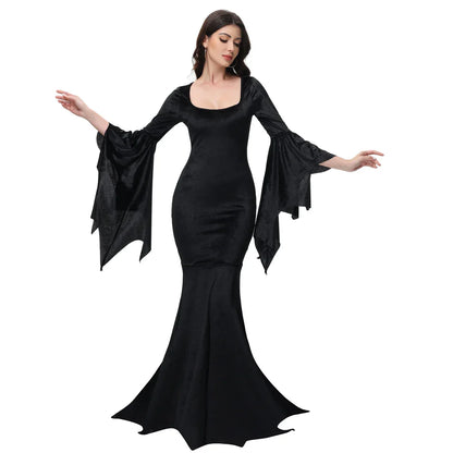 Halloween Morticia Adams Primate Black Adams Family Dress Retro Gothic Flared Sleeve Fishtail Dress Vestido