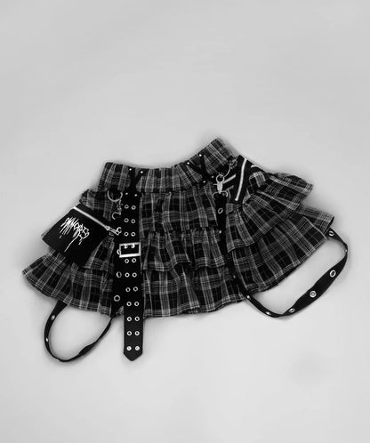 Japanese Style Mine Harajuku Punk Metal Buckle with Packet Decorative Ruffled Short Skirt Sweet Cool Girl Women's Plaid Skirt