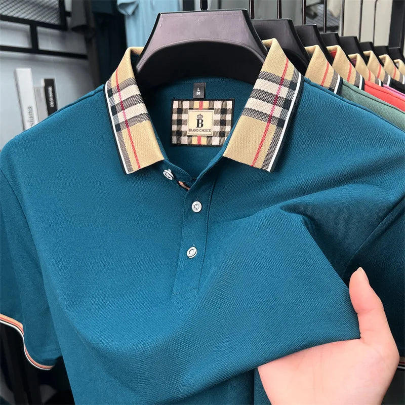 Fashion brand luxury short sleeve polo shirt men summer quality silky cotton breathable business casual striped collar T-shirt