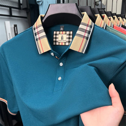 Fashion brand luxury short sleeve polo shirt men summer quality silky cotton breathable business casual striped collar T-shirt