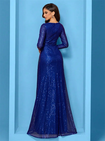 Luxury Blue Evening Dresses Women Elegant 2025 Long Sleeve Mermaid Formal Sequins Prom Wedding Party Cocktail Graduation Gowns