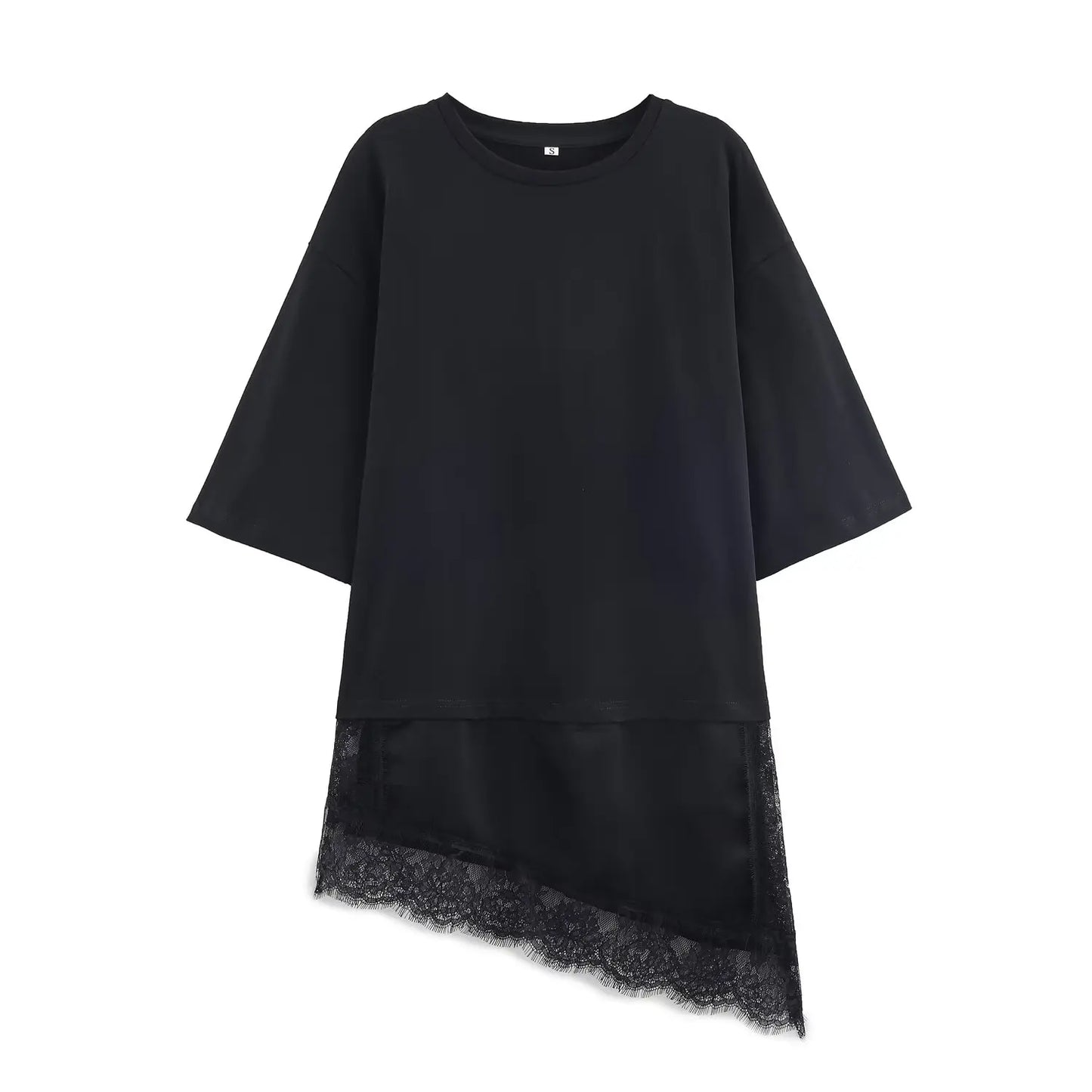 Lace Splice Asymmetry T-shirt  Women Fashion Autumn Winter O-neck loose Tee Top Chic Female Long Sleeved T-Shirts Mjuer