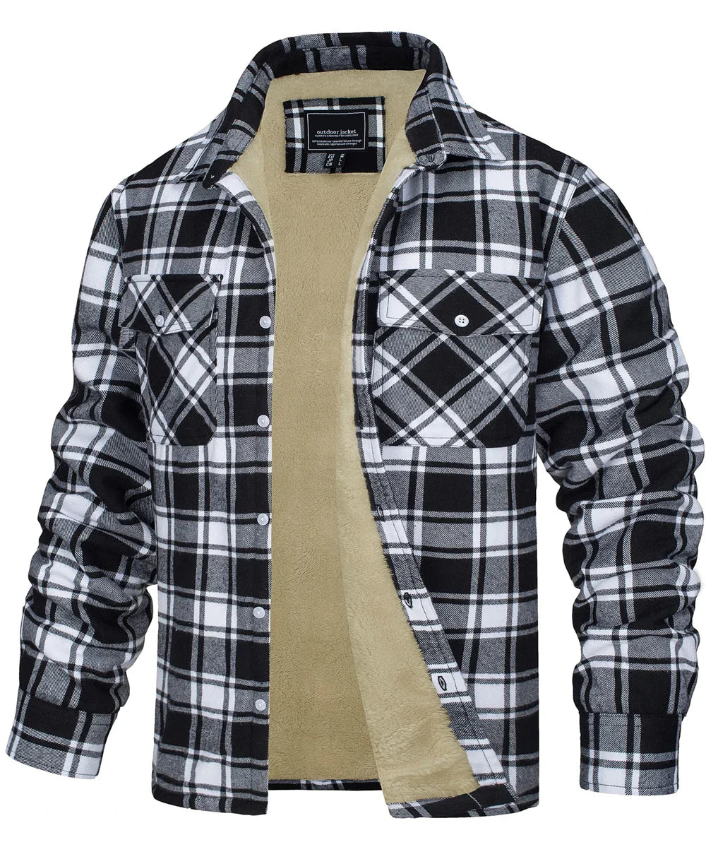 Fleece Lining Jackets Mens Flannel Cotton Jackets Plaid Casual Button Down Cargo Work Coats Thicken Outwear Man Tops