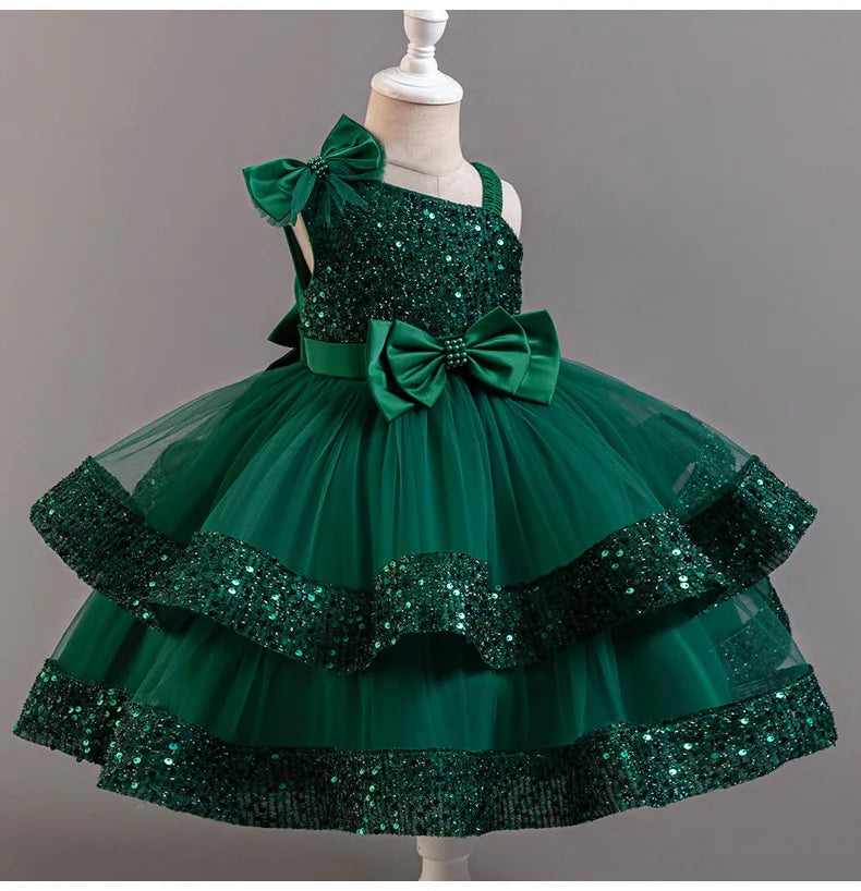 Girl's New Sequined Bow Irregular Collar Mesh Princess Dress Christmas Birthday Party Sweet and Cute Evening Dress