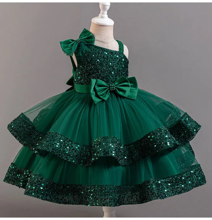 Girl's New Sequined Bow Irregular Collar Mesh Princess Dress Christmas Birthday Party Sweet and Cute Evening Dress