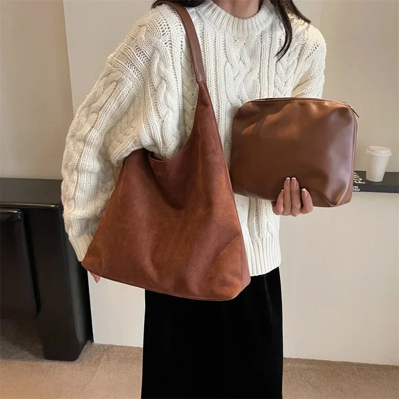 Korean suede bucket bag, women's casual commuting shoulder tote bag, autumn/winter 2025 new underarm set bag